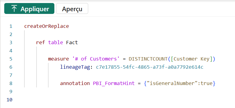 Exemple de script TMDL avec coloration syntaxique