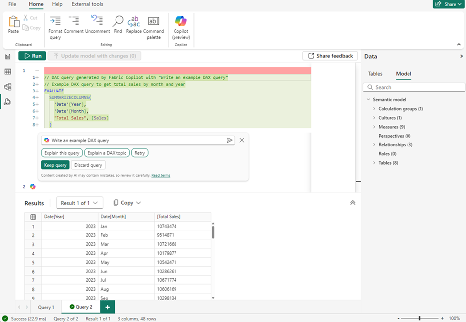 Interface Copilot pour la génération de requêtes DAX dans Power BI