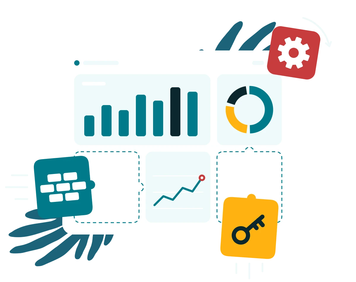 Illustration : un tableau de bord Power BI assemblé à partir de trois blocs, licences, construction et maintenance