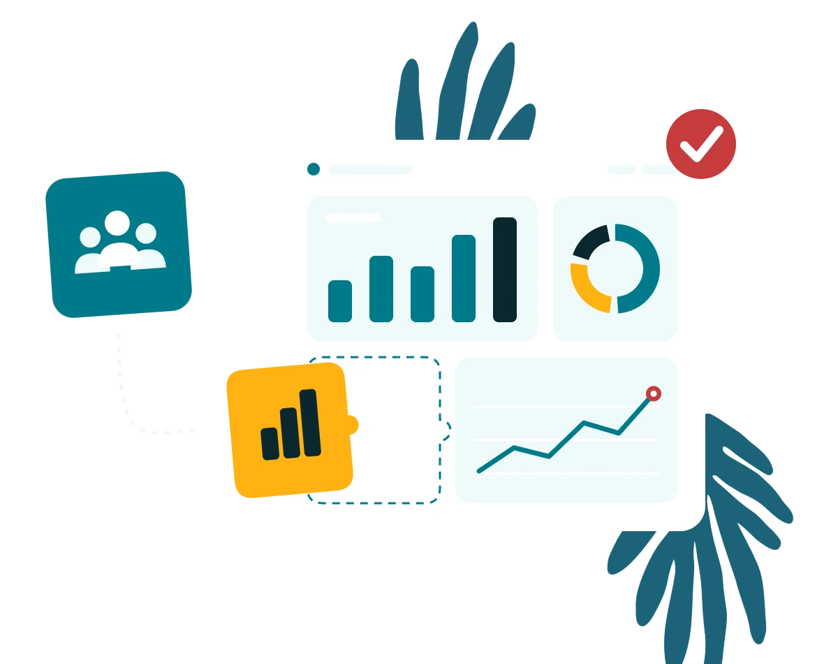Illustration : un tableau de bord Power BI complété par une équipe de consultants externes, avec un bloc équipe, un bloc analyse et une coche de validation