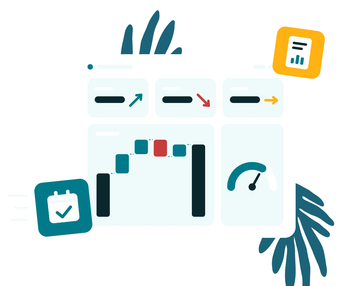 Illustration : un tableau de bord financier avec indicateurs clés, cascade de résultat et jauge, accompagné d'un rapport et d'un calendrier de clôture